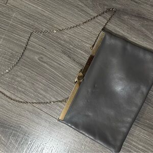 Vintage Gray Leather Clutch with Gold Chain and Gold Accents